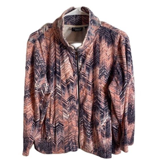 Onque Casual Fleece Jacket 1X Full Zip Pink Blue Chevron Houndstooth Sweatshirt - Picture 1 of 4